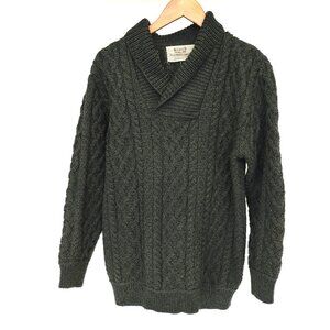 Aran Sweater Market Medium Merino Wool Cable Knit Shawl Collar Dark Green